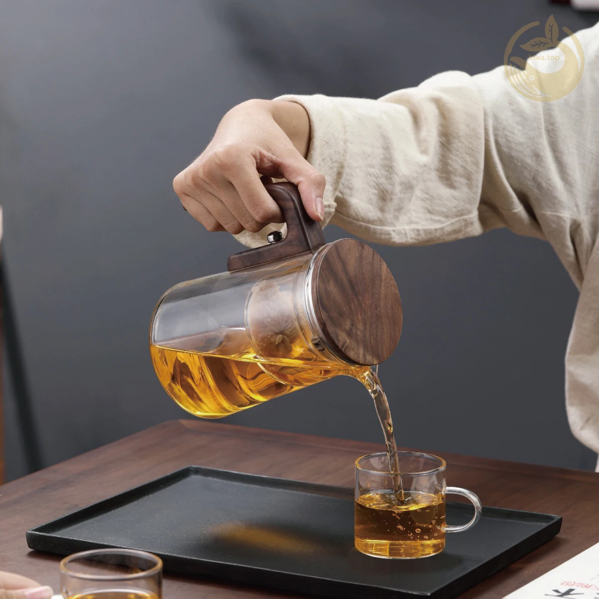 KTea Magical One-Key Brewing:  Real Walnut Glass Teapot with Infuser for Perfect Kung Fu Tea