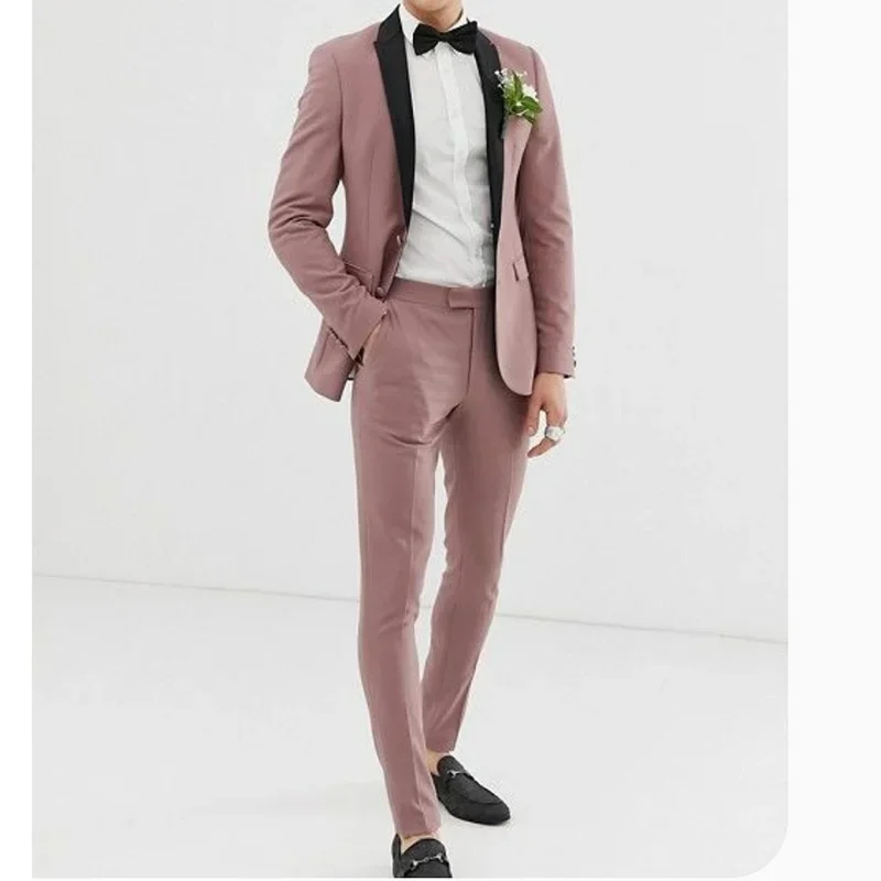 2024 Dusty Pink Black Shawl Lapel Men Suits Prom Terno Masculino Groom Costume Homme Blazer Wedding 2 Pieces