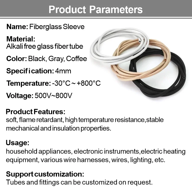 800Deg.C HTG Fiberglass Tube High Temperature Cable Sleeve Alkali Free Fiber Braided Sleeve Insulation Against Electric Sleeving