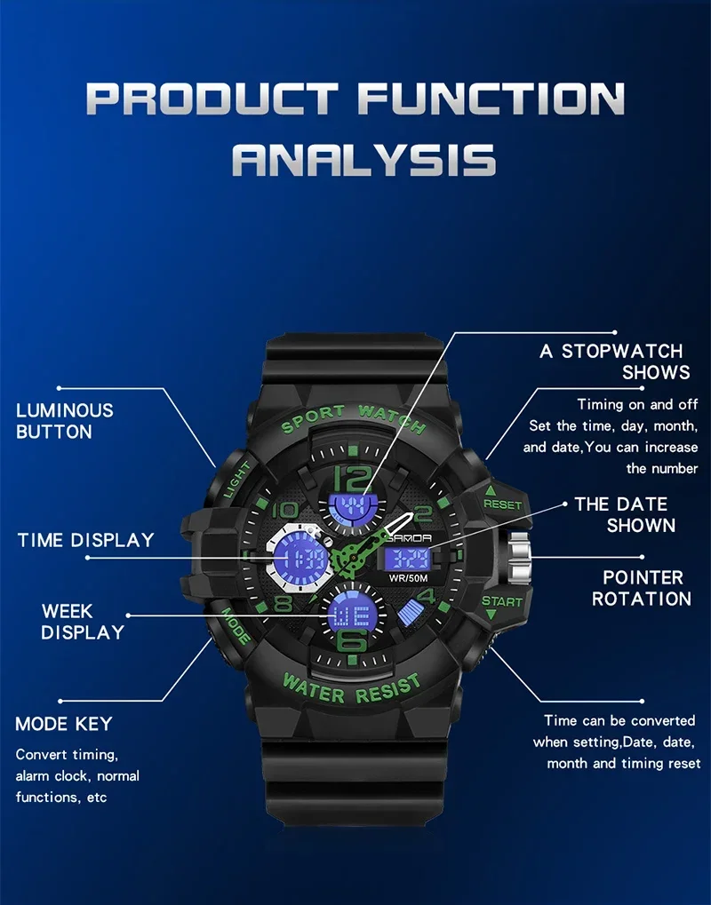 Sanda 3168 relógio esportivo branco led digital 50m à prova d'água relógio masculino multifuncional relógios militares