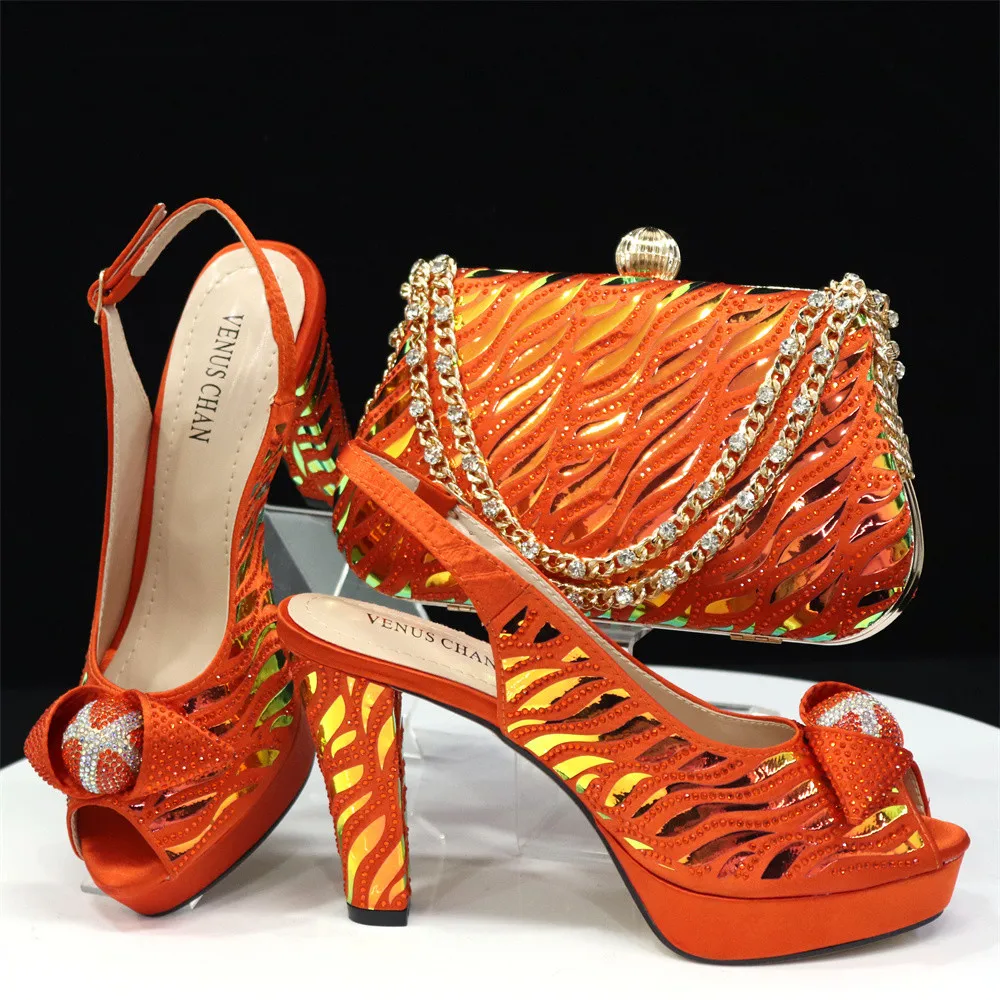 

New 2024 Elegant Party Sandals Rhinestone Pumps Fish Beaked Toe Cap Wedding Party Orange Women High Heel Shoes And Bags Set