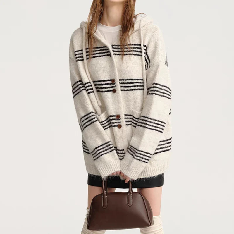 

Y2K Stripe Printe Hooded Jacket for Women Fashion Button Contrast Color Cardigan Coat Autumn Korean Street Knitted Outerwear