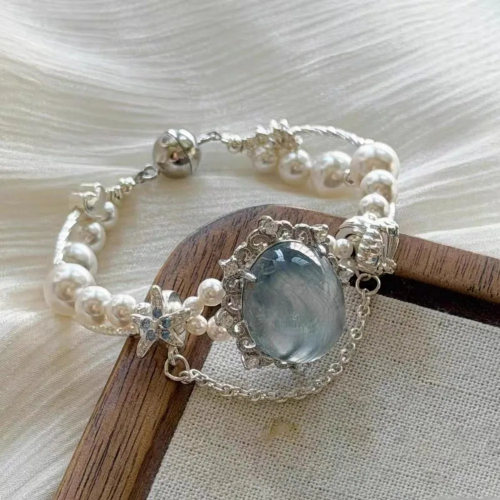 Blue Double Layer Statement Beaded Bracelet for Women Beach Vacation Style Chunky Crystal Light Summer Boho Wrist Accessory