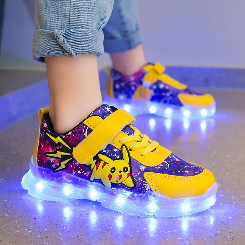 Pikachu Luminous Sneakers for Girl Boy Led Light Up Shoes Pokemon Kid Non-slip Glowing Sneakers Children Breathable Casual Shoes