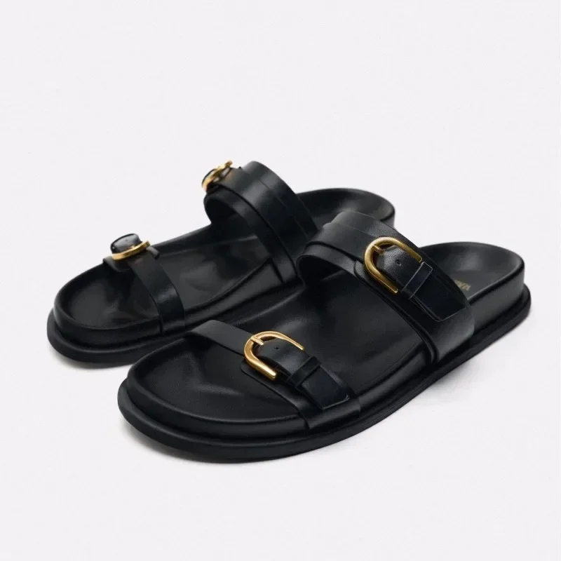 Women\'s Sandals Metal Buckle Flat Sandals Woman Black Flat Slingback Shoes Female Summer Straps Round Toe Shoes Slippers 2024