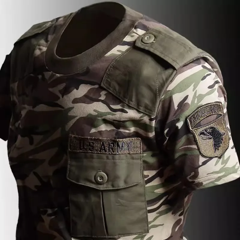 Summer Cotton Tactical T-shirts Men Vintage Airborne Short Sleeved Outdoor T Shirt Breathable Embroidery Pockets O Neck