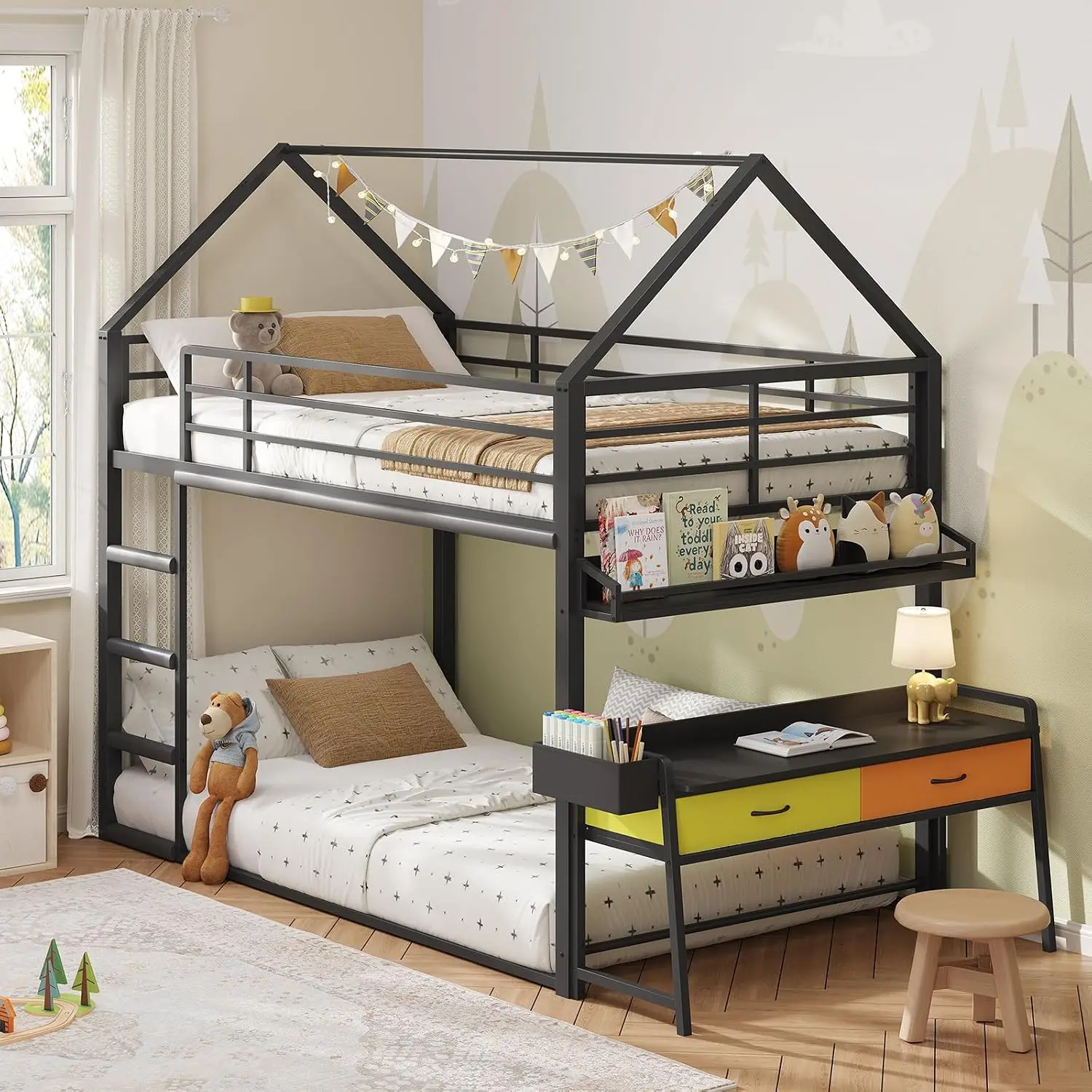 Twin Over Twin Low Bunk Bed with Desk and Drawers, Black | Metal House Shaped Low Bunk Bed, 2 Storage Drawers,, Customized
