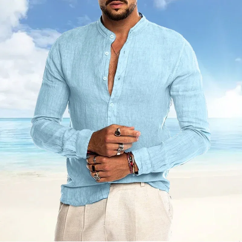 2024 Hot Sale Men's Long Sleeve Shirts Summer Cotton Linen Solid Color Stand Collar Casual Beach Style Male Shirts Plus Size