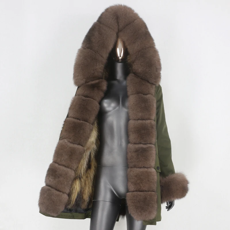 Pelzen lange wasserdichte Parka Winter jacke Frauen Echtpelz Mantel Kapuze natürliche Waschbär Fuchs Fell dicke Oberbekleidung abnehmbar