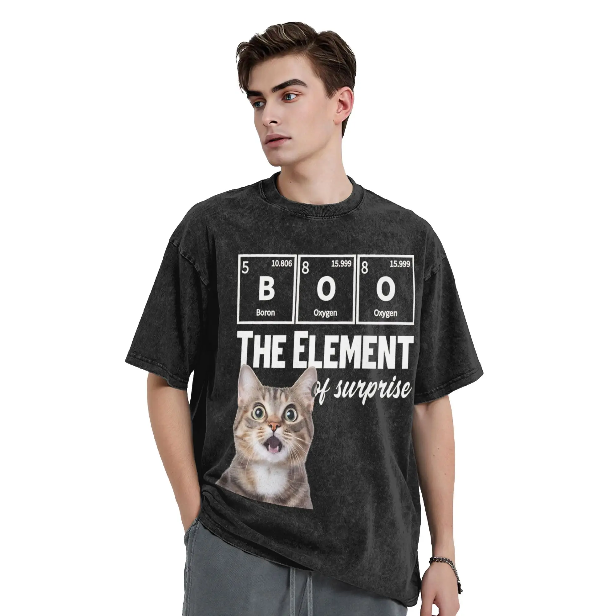 Boo The Element Of Surprise  Vintage Washed T-Shirt 100%Cotton Clothes Casual Funny Chemistry Cat Meme  O-neck Short Sleeve