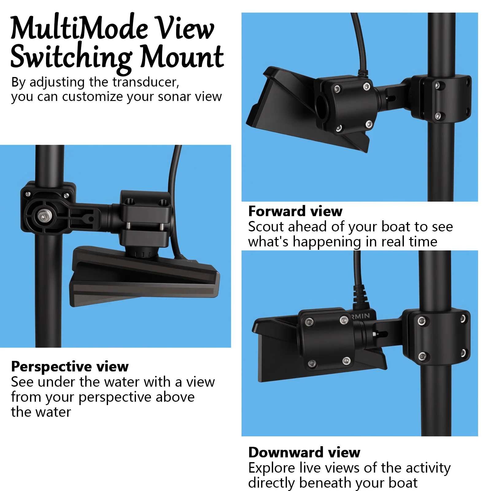 0 Degree Perspective Mount Compatible with Garmin LVS34, Multi-Mode Transducer Mount for Pole or Trolling Motor Shaft, Kayak Use