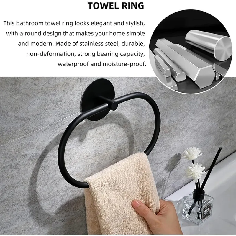 

304 Stainless Steel Black Towel Holder Self Adhesive Towel Ring for Bathroom SUS Hand Towel Rail Rack Wall Mounted Towel Hanger