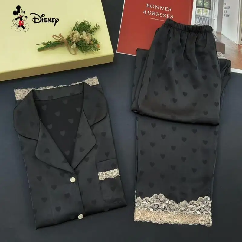 Mädchen New Love Jacquard Eisseide Langarm-Pyjama-Set Kawaii Damen High-End-Cardigan Spitzenhose Home Wear Zweiteiliges Set