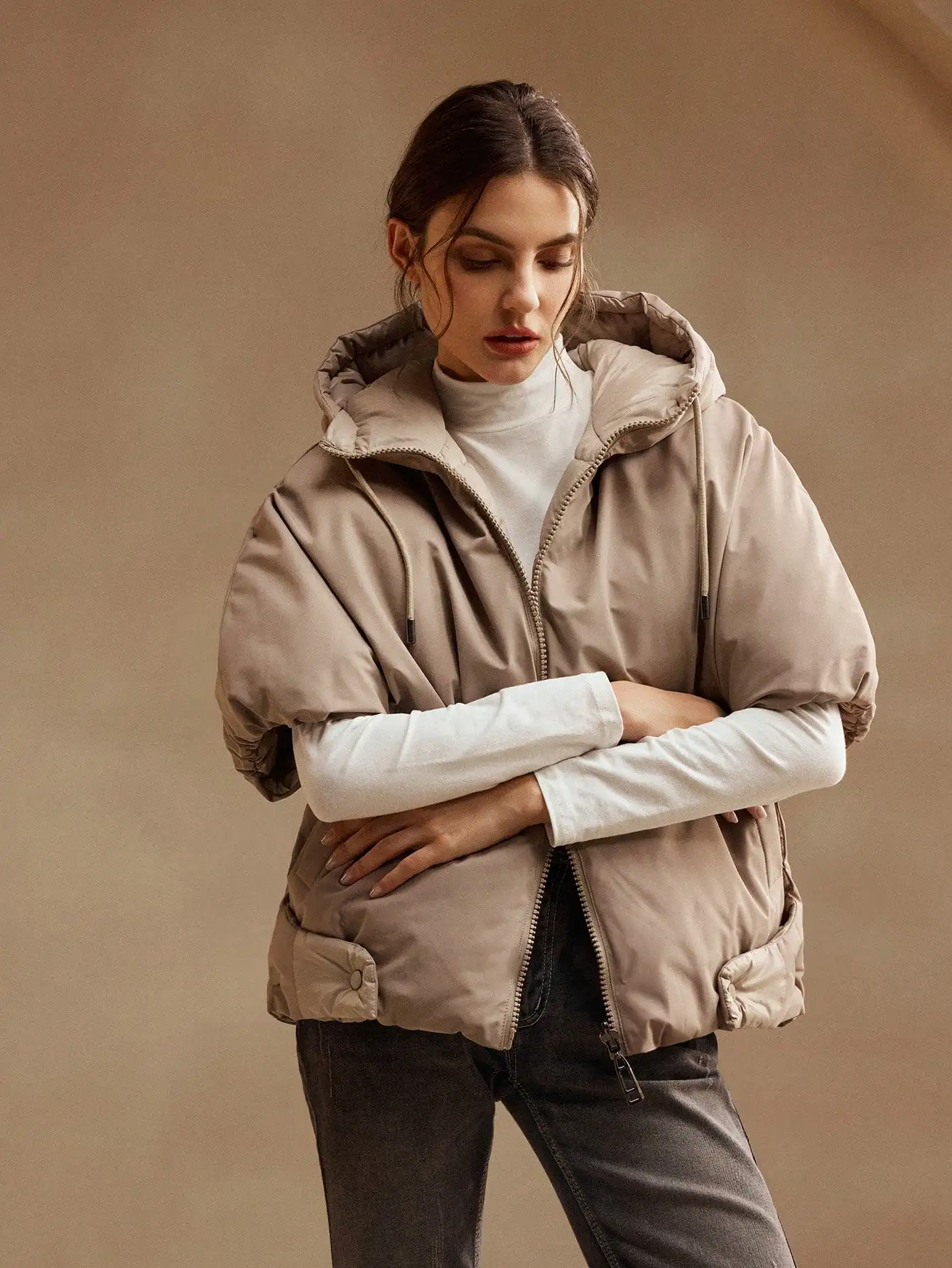 

Women's Autumn/Winter Chic Quilted Coat Thick Hooded Half Sleeve Casual Jacket Christmas Vacation Outfit