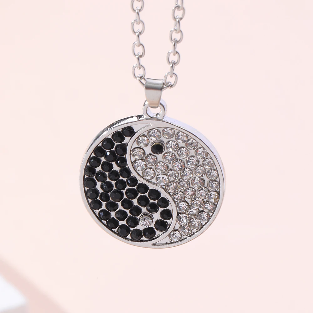 Bling Full Crystal Taoism Yin Yang Taichi Pendant Necklace Tai Ji Black White Rhinestone Choker For Kung Fu Lovers