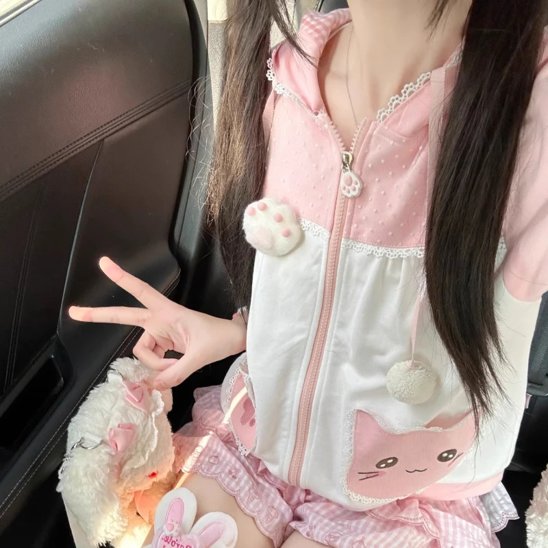 Original Summer Women's Clothing Cartoon Printing Pink White Splicing Bubble Sleeve Hooded Top Bow Sweet Versatile Female Coat
