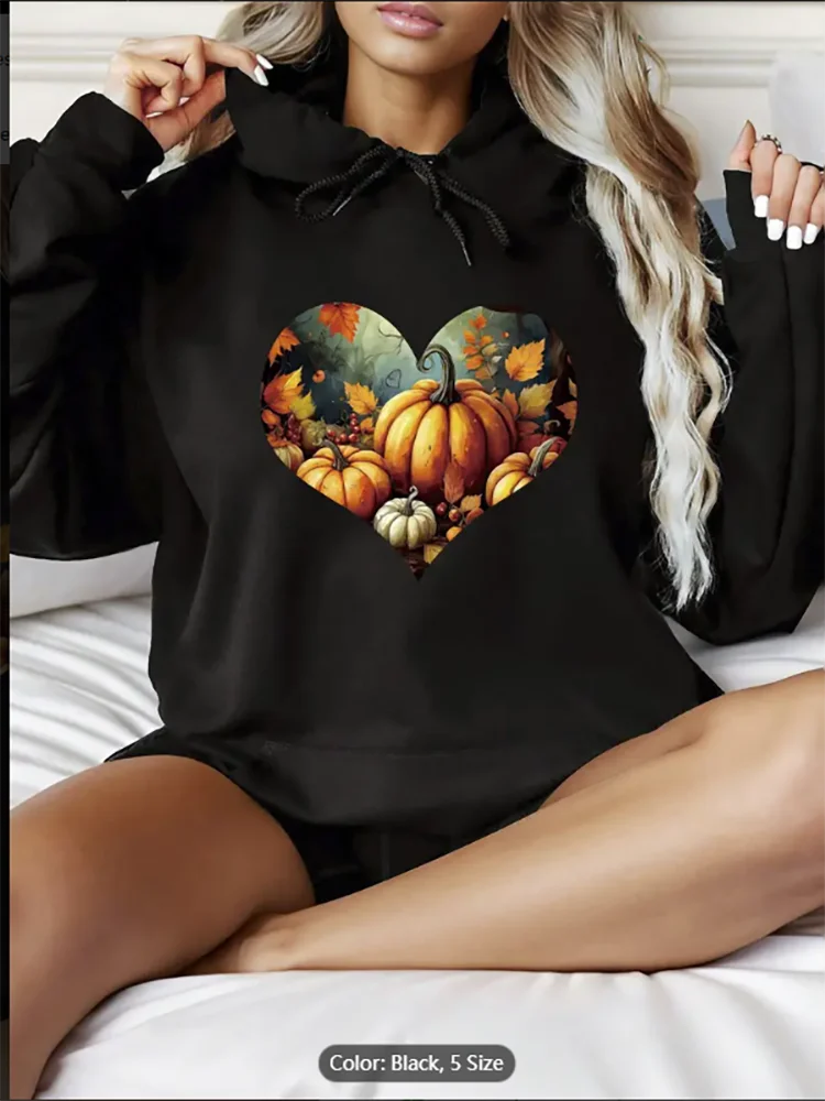 

Женская толстовка с капюшоном, уютный осенний пуловер, толстовка с капюшоном, свободный крой с рисунком тыквы и сердца, можно стирать в машине, свитер из чистого хлопка