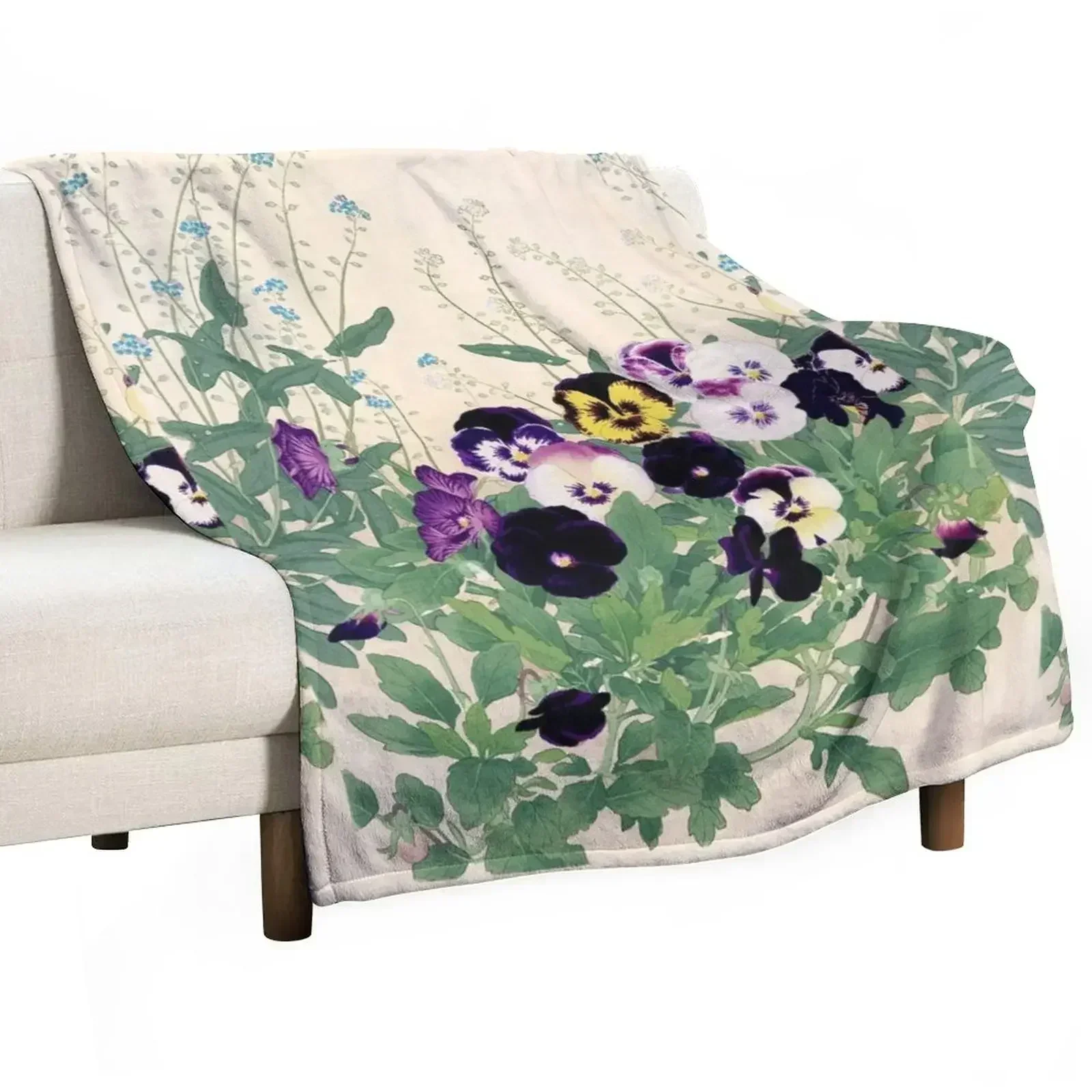 

PANSIES AND GREEN LEAVES Antique Japanese Floral Throw Blanket blankets ands Luxury Brand Flannel Fabric Blankets