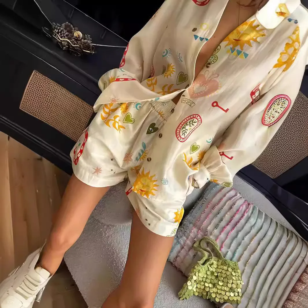 Women Fashion Elastic Waist Two Piece Sets Elegant Floral Print Lapel Long Sleeve Top Short Pants Suit Casual Holiday Outfits