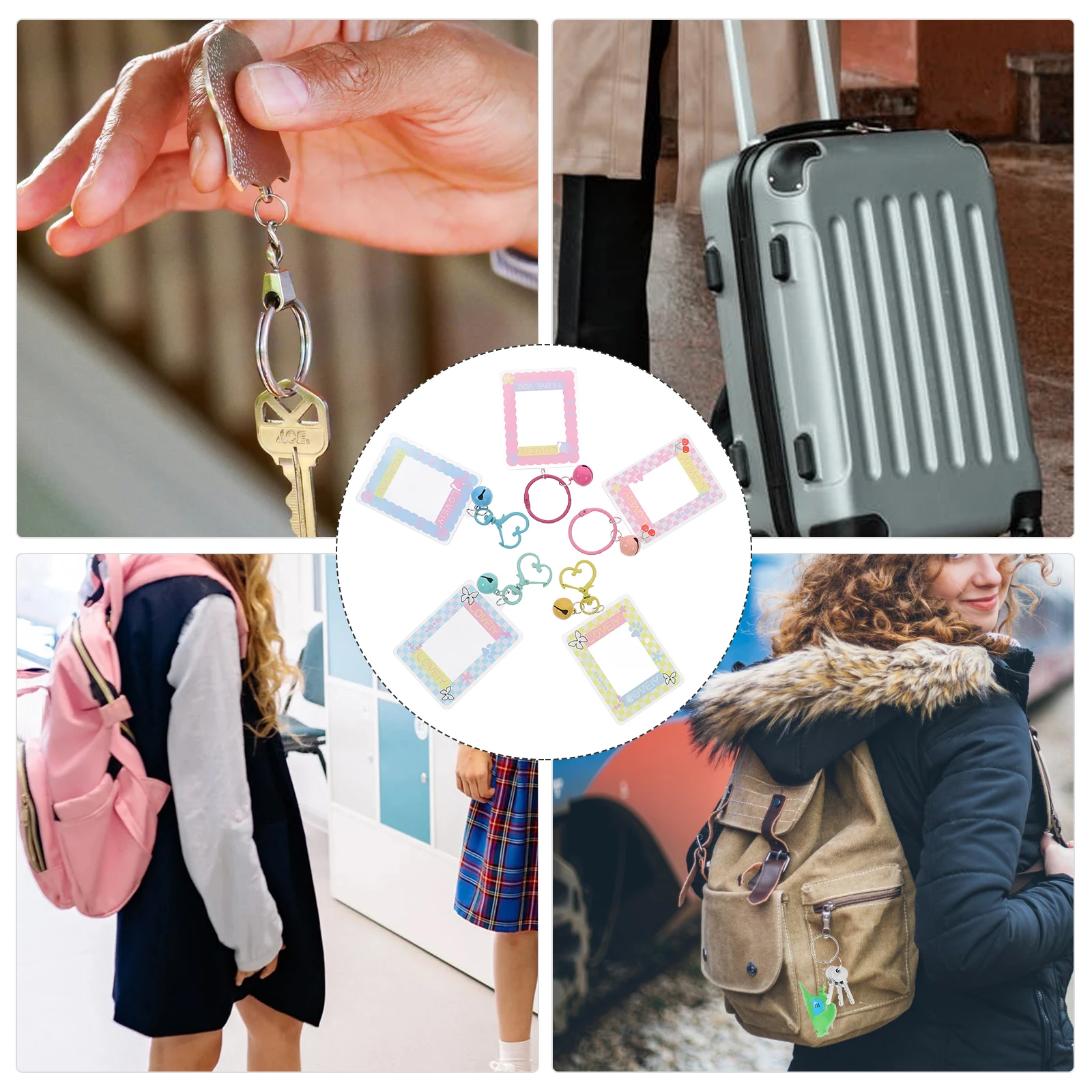 5pcs Photo Frame Keychains Hand-made Luggage Pendants Schoolbag Decorations DIY Hanging Key Rings Cartoon Shaped Bag Charms