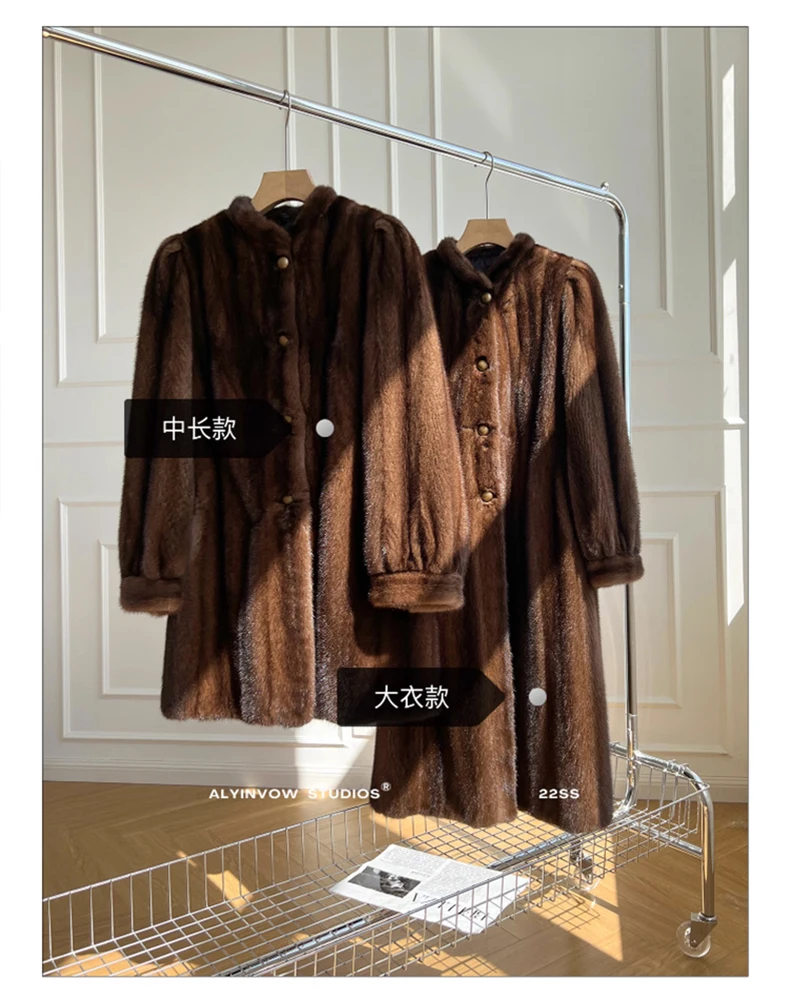 Lautaro Winter Long Brown Thick Warm Soft Faux Mink Fur Coat Women Puff Sleeve Elegant Luxury Chic Fluffy Furry Overcoat 2023