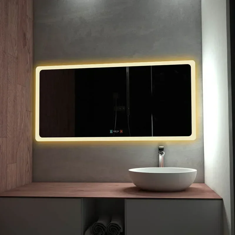 Cheap And Fine Modern Style Rectangular Time Display Mirror Bathroom Customized LED Backlit Defogger Smart MirrorHot Sales