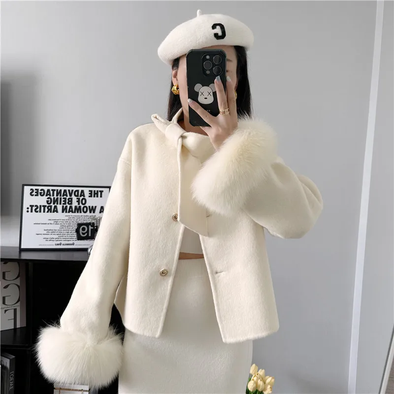 2026 New Winter Real Natural Fox Fur Cuff Coat Ladies Outwear Female Coat Cashmere Wool Woolen Women Luxury Jacket