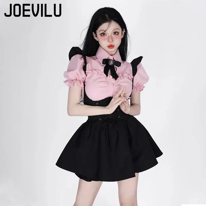 Japanese Strap Skirt Set Lovely Fly Sleeved Shirt with Bow Tie Bandage Black Mini Skirts 2 Piece Sets Babes Kawaii Y2k Outifits