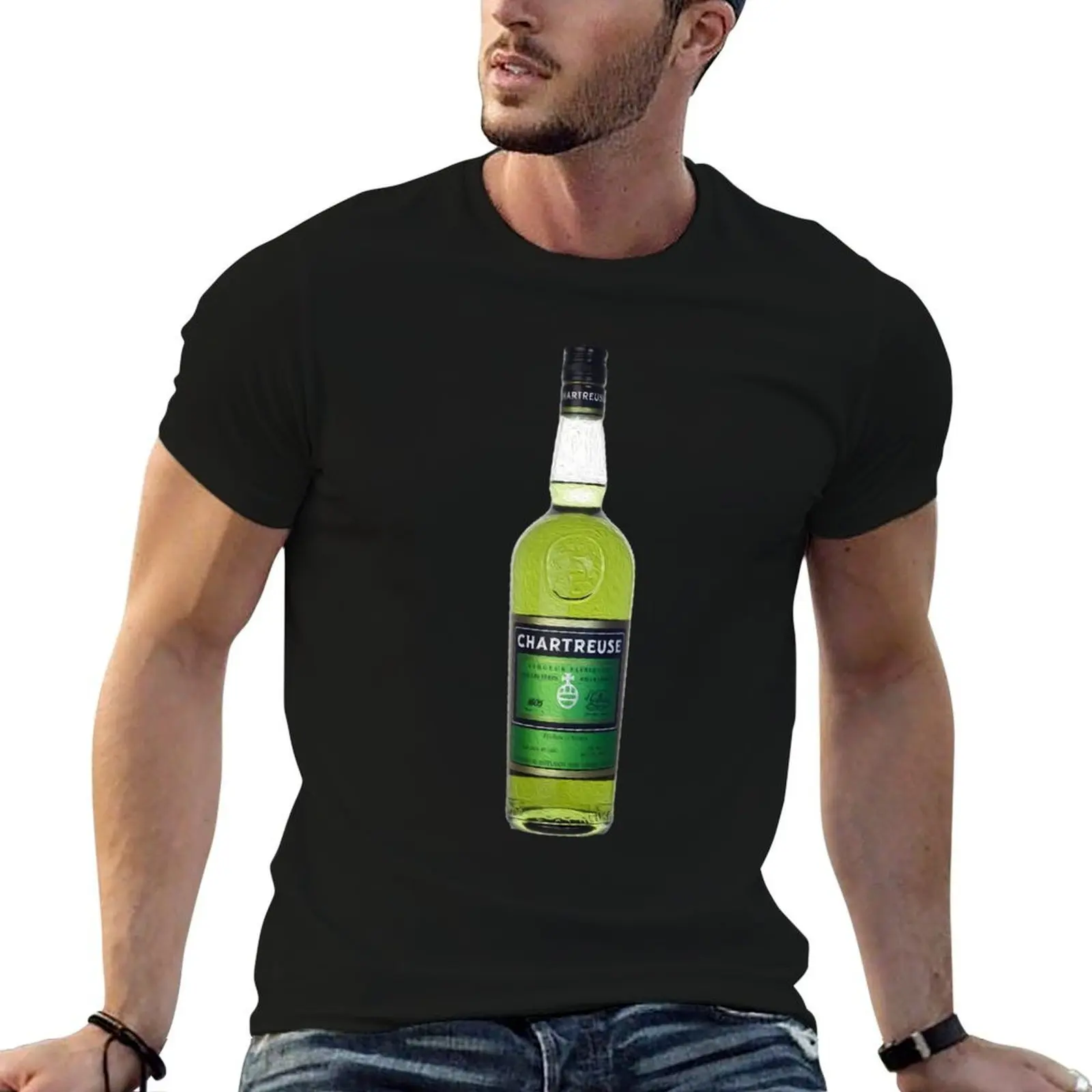 Camiseta con estampado de pintura al óleo de botella de Chartreuse verde, camiseta para hombre, camisetas lisas, camisetas de algodón 100% para hombre, camiseta gráfica
