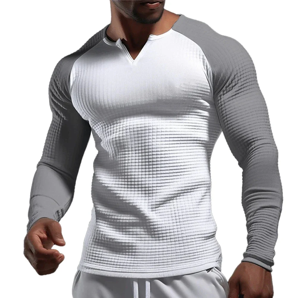 Top informal de gofres acanalado para hombre, manga larga, alta calidad, poliéster muscular Regular, Color sólido