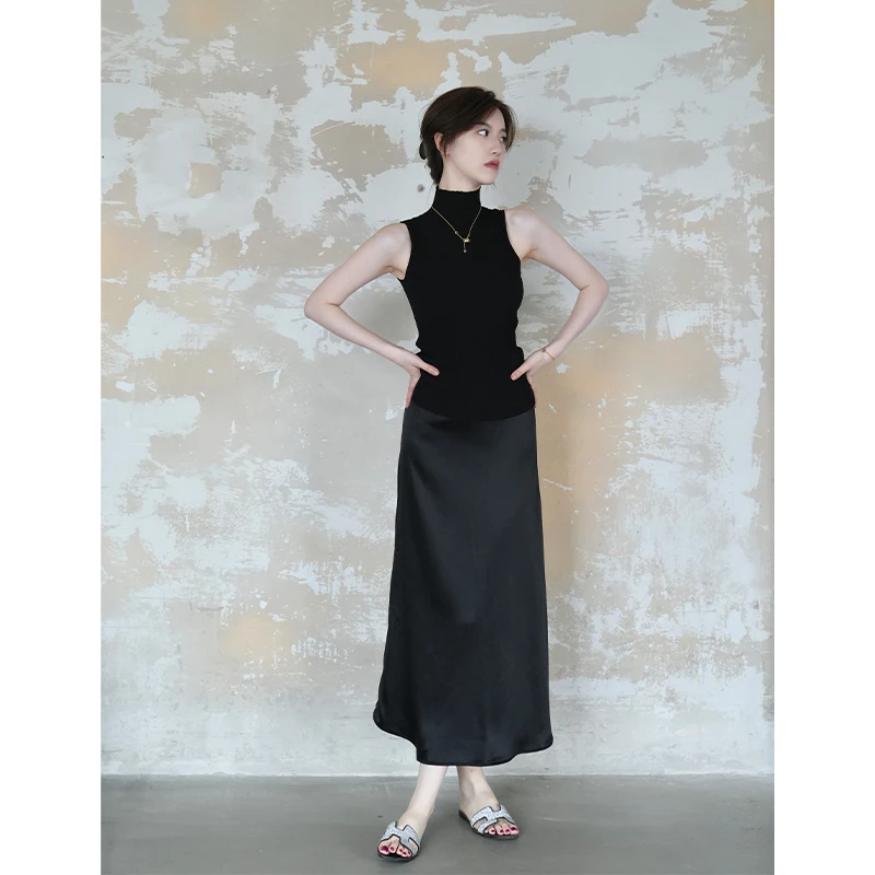 

Юбка миди SerioLudere с высокой талией для женщин, цвет черный, из ацетатного материала, подходит для весеннего сезона