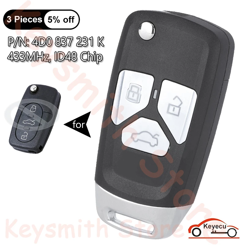 

KEYECU 3 Buttons 433MHz ID48 Chip for Audi A2 A3 A4 A6 A8 TT Auto Upgraded Flip Remote Control Key Fob 4D0 837 231 K, 4D0837231K