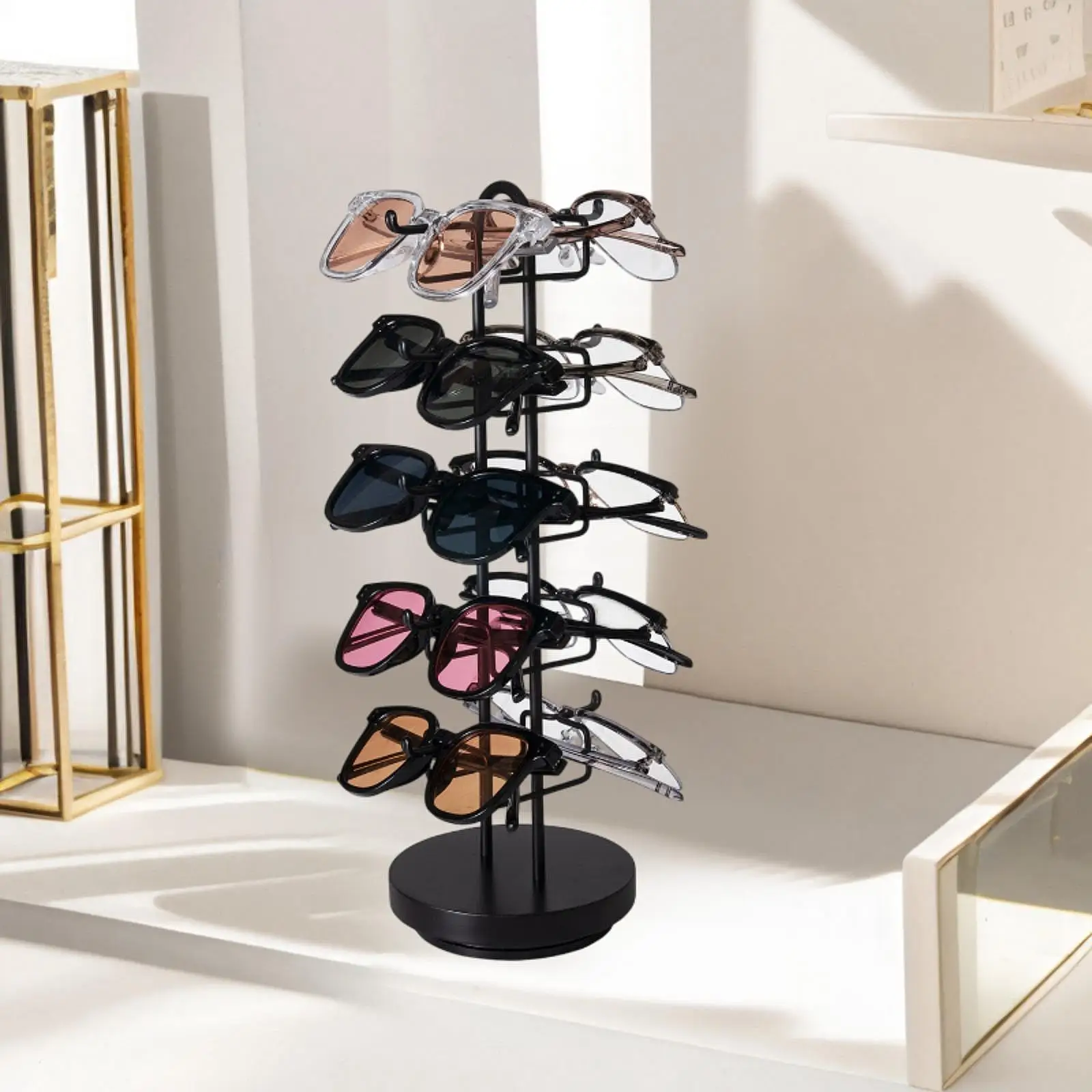 5 Tier Sunglasses Organizer Rotating Eyewear Display Storage Rack Iron Wood Tabletop Organizer for Sunglasses Holder