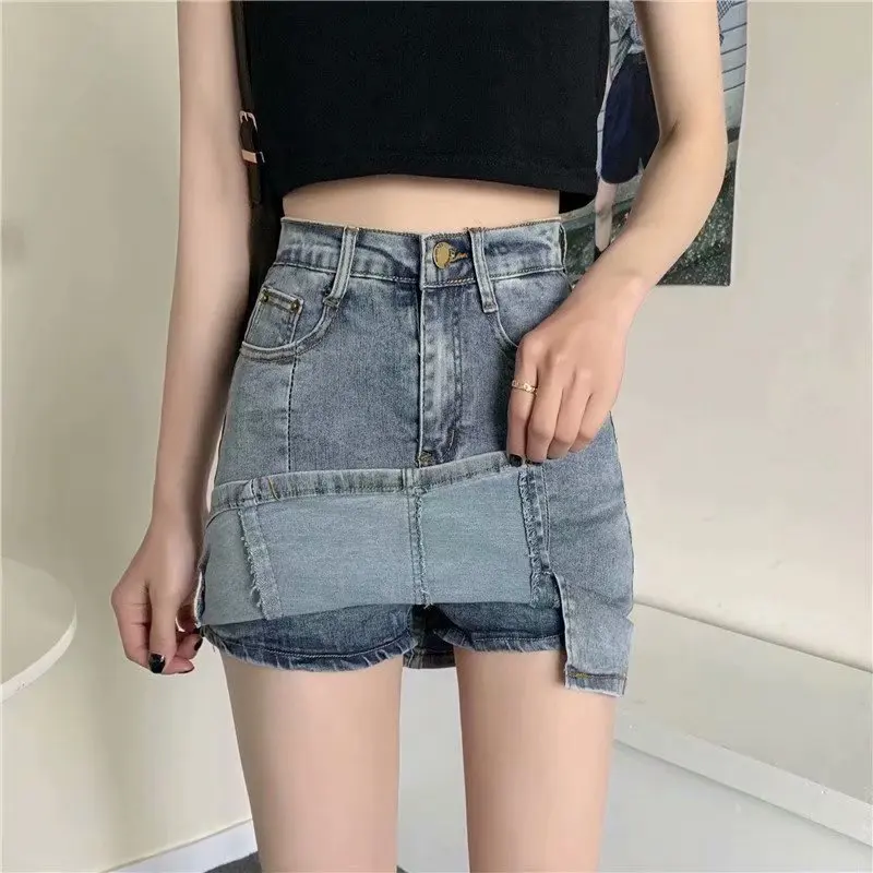 Feynzz-Short en jean pour femme, taille haute, bouton, jambes boutonnées, décontracté, denim bleu, nouvelle collection été