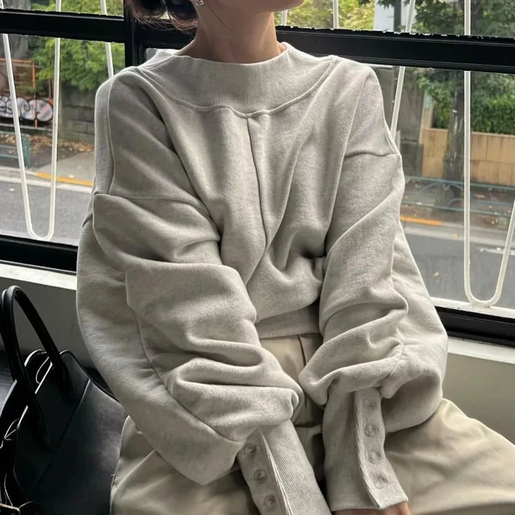 Women Pullover Sweatshirts Coats Solid Jackets Lantern Sleeves V Neck Loose Fit Slight Strech Office Lady Casual 2025 Autumn