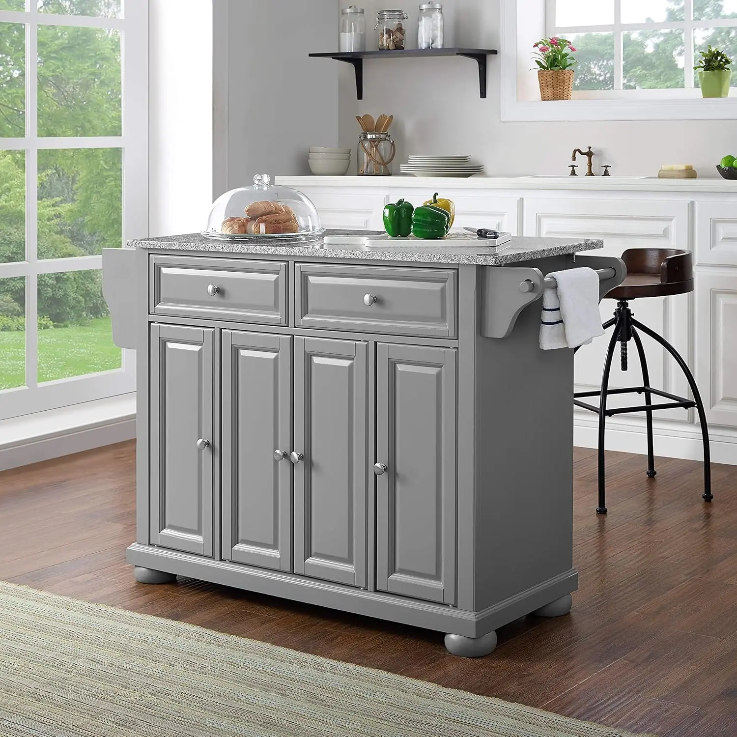 Alexandria Granite Top Rolling Kitchen Island Storage Cart, Microwave Stand, Spice Rack, Gray