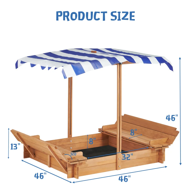 Adjustable Adjustable canopy Canopy Fabric liner Kids Liner Play Sand Sandbox Wood Kids Sandbox with Adjustable Cover, 46'' Wood