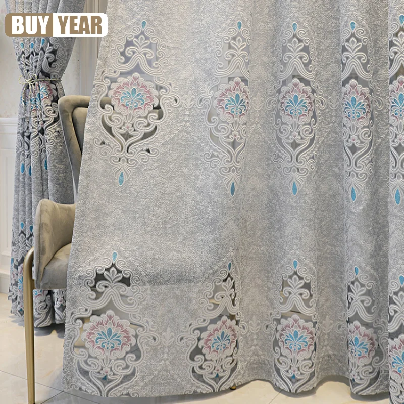 

European Luxurious Curtains for Living Dining Room Bedroom Embroidery Gray Gauze Curtain Light-proof and Opaque Curtain Custom