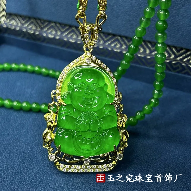 

Высококачественный кулон из зеленого гуаньиньского кварцита с инкрустацией, Будда из нефрита