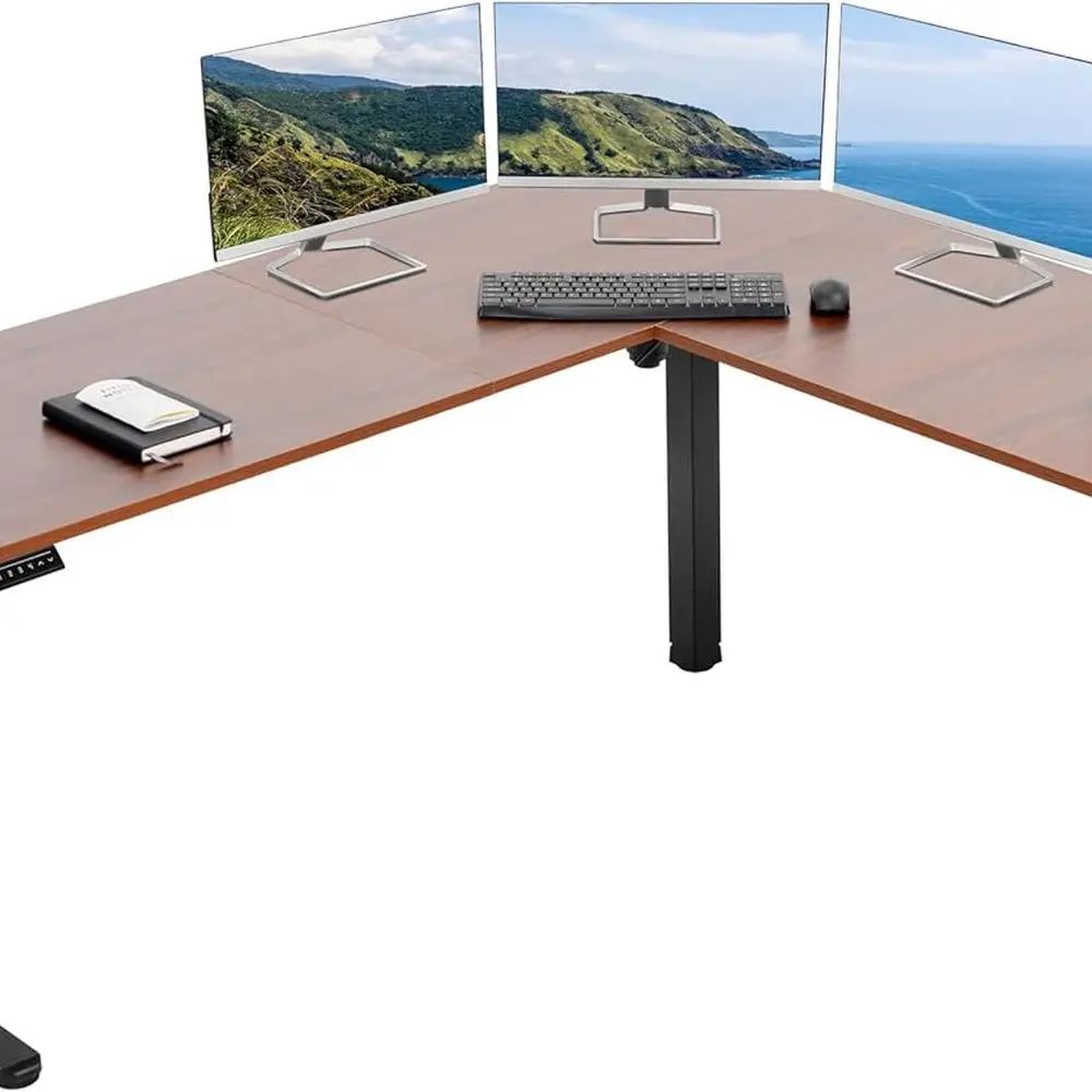 

L-образный электрический стол, 75x63, регулируемая высота, верх из темного ореха, черная рама