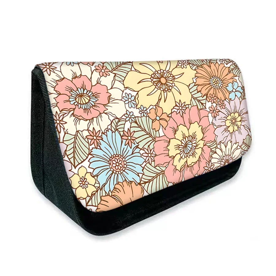 Blumenmuster Dreieckiges Doppelschichtiges Flip-Federmäppchen für Jungen und Mädchen Bestes Geschenk 2D Cartoon Schul-Federmäppchen für Kinder Tasche