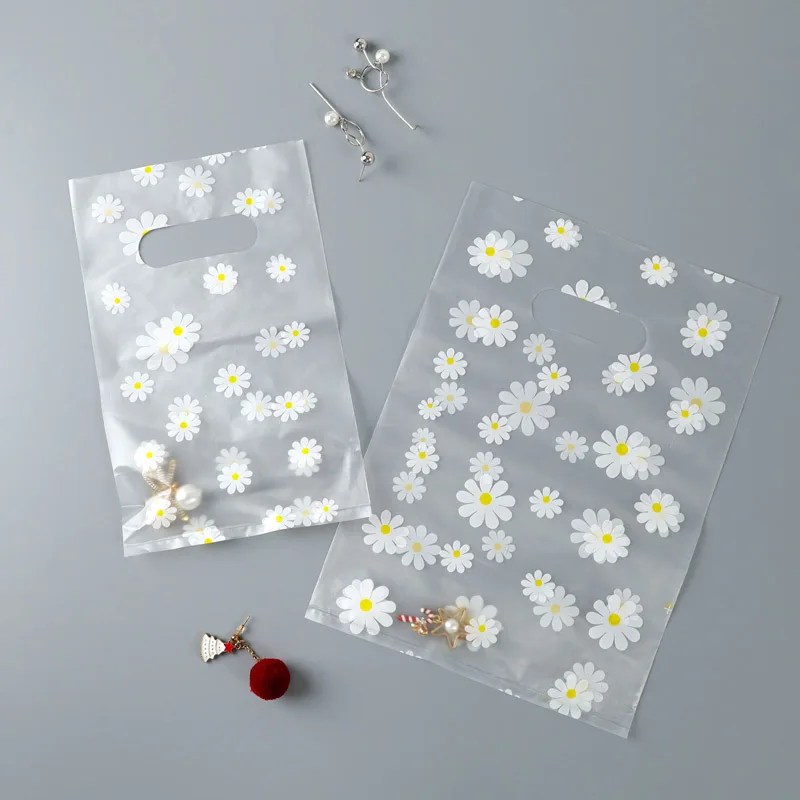 100Pcs/Lot Frosted Daisy Jewelry Plastic Bag with Handles Wedding Party Gift Packing Bag Store Small Shopping Bags