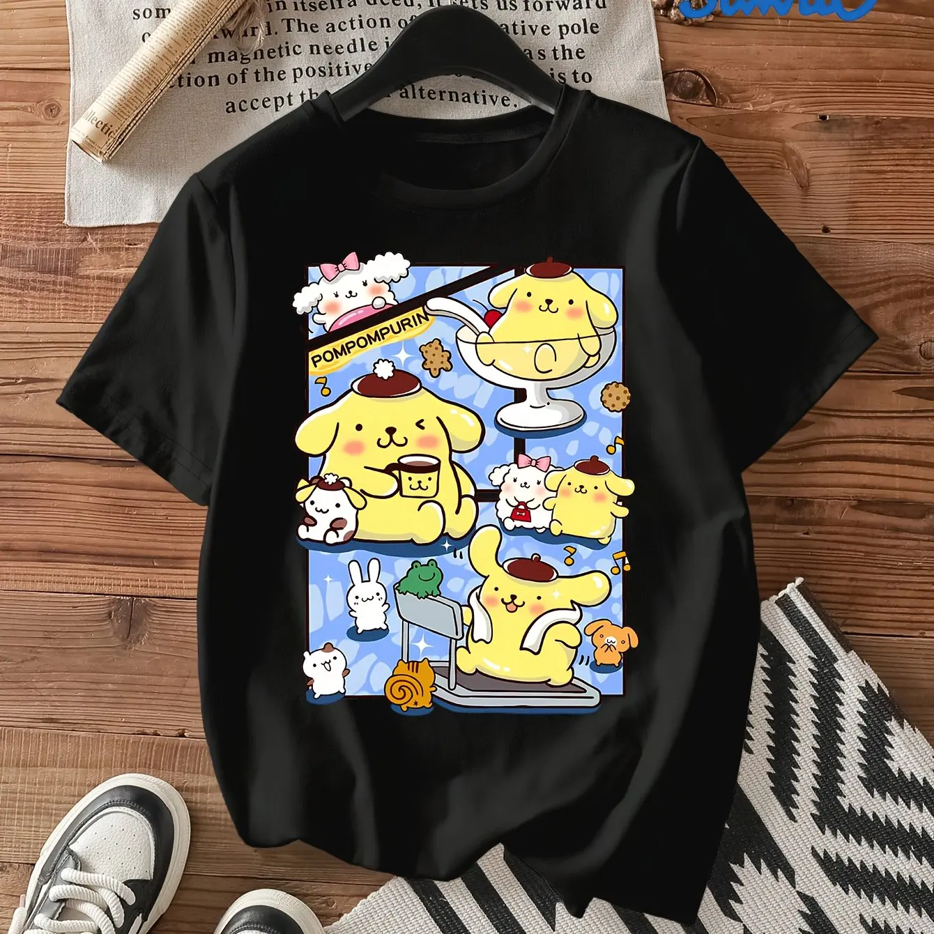 

Sanrio Pom Pom Purin Pudding Dog Sports Fitness Drinking Coffee Dating Maffeicon Pattern Print, футболка с круглым вырезом и короткими рукавами