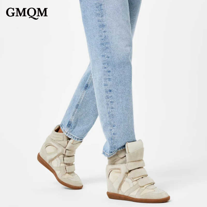 GMQM-Botines de tacón alto para mujer, zapatillas de punta redonda, zapatos de cuña plana, zapatos casuales de caña alta, zapatos deportivos negros, 2024