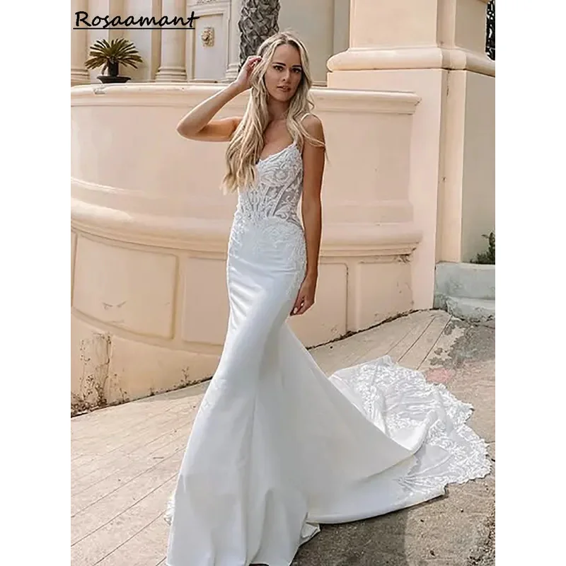 Romântico cintas de espaguete sem costas sereia vestidos de casamento ilusão manga destacável apliques rendas boho vestidos de noiva