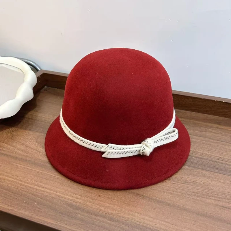 Hepburn-Stil Winter Damen Vintage Französisch Einfach Weiß Rot Fischer Wollhut Schleife Elegante Mütze Party Hochzeit Kirche Derby Filz – Detail 23