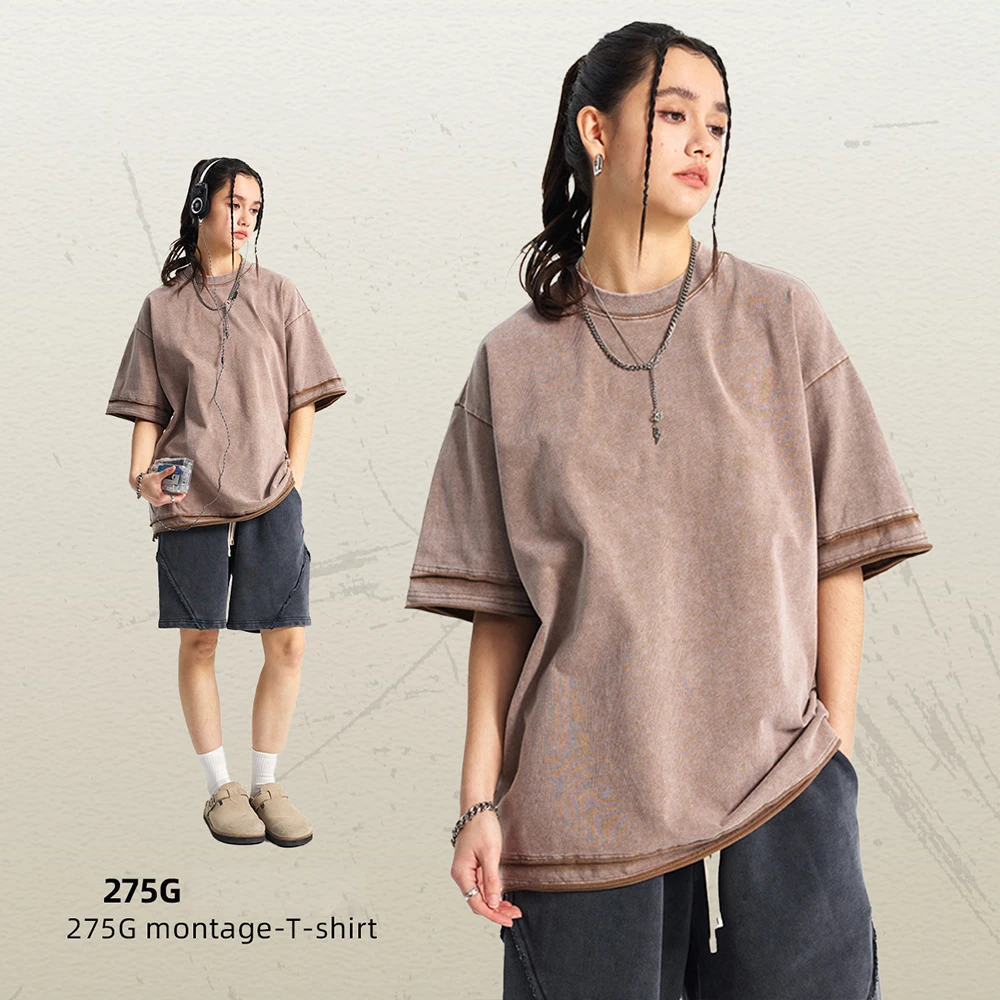 LME 커스텀 4컬러 루즈 엣지 스플라이싱 빈티지 바틱 애시드 워시드 오버사이즈 275GSM 100% 코튼 스트리트웨어 티셔츠 (M 사이즈)