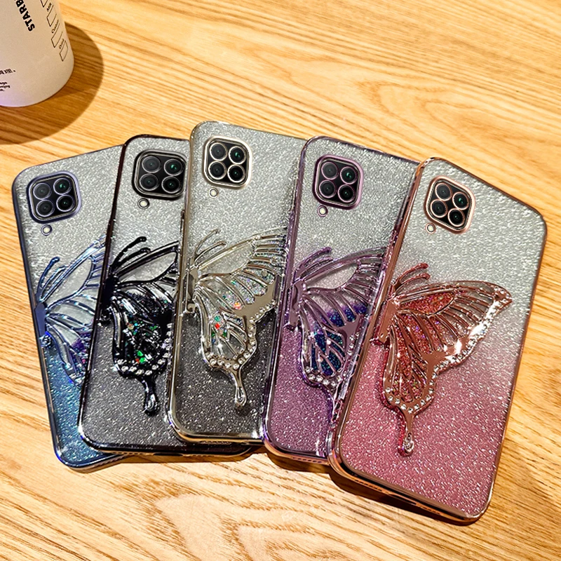 Gradient Glitter Butterfly Quicksand Plating Phone Case For Huawei Nova 6 SE Nova 7i P40 Lite 4G Shockproof Soft Silicone Cover