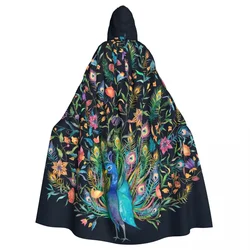Unisex Adult Watercolor Peacock Spreading Tails Cloak with Hood Long Witch Costume Cosplay