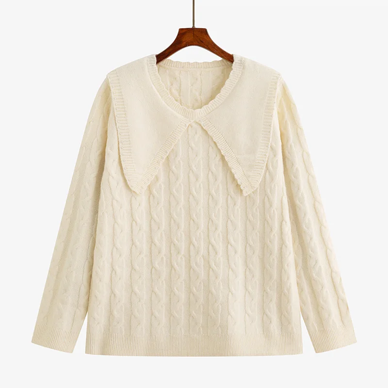 

Women Doll Collar Nail Bead Sweater Heavy Duty Texture Loose Style Design Pullover Knitting Sweater Solid Color Long Large Size